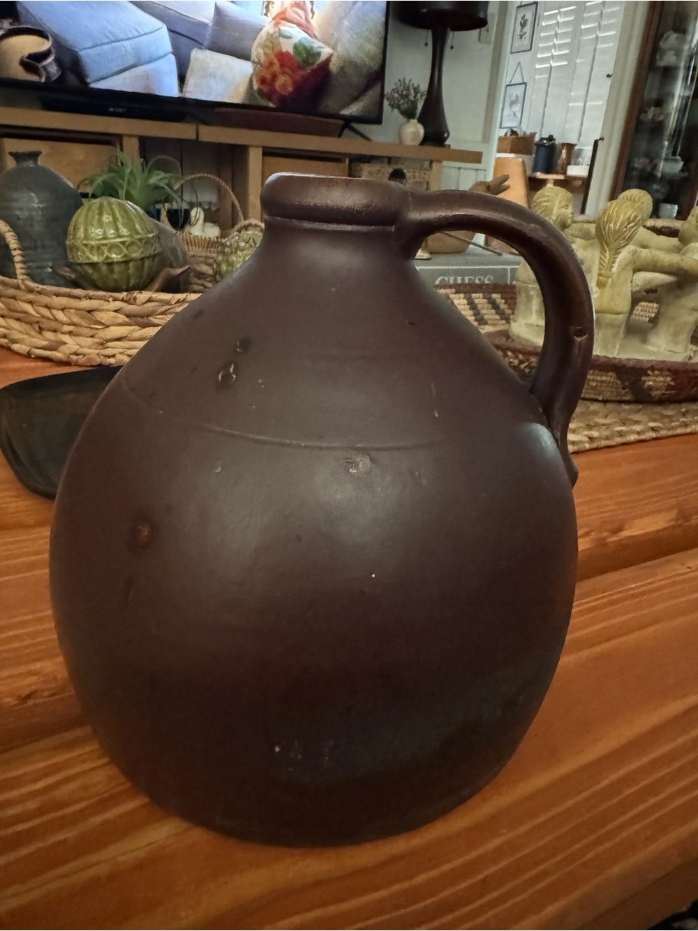 Primitive Brown Ceramic Jug - Rustic Home Art Accent